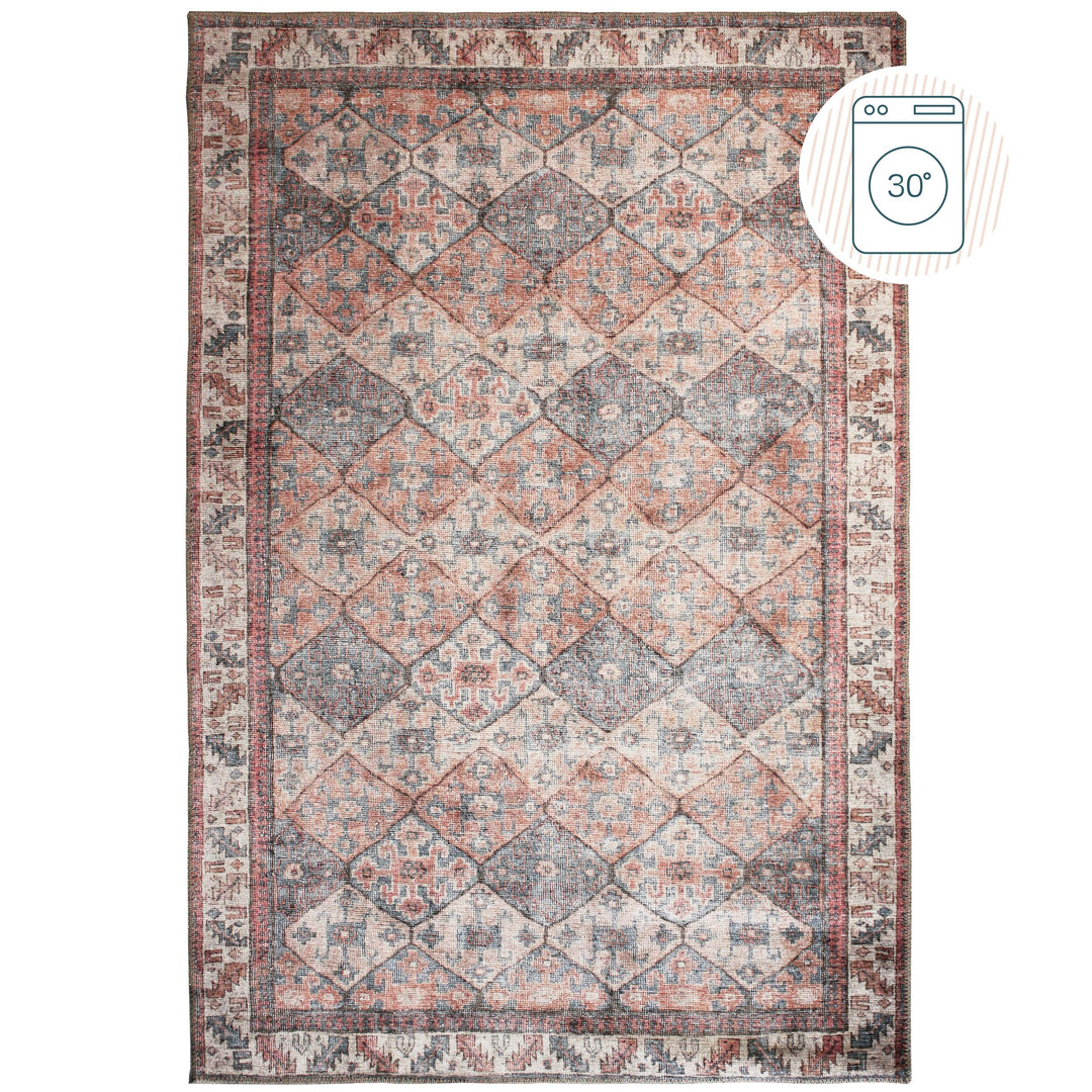Teppich waschbar Rautenmuster Vintage Kurzflor Rot-Natur_Rechteckig_