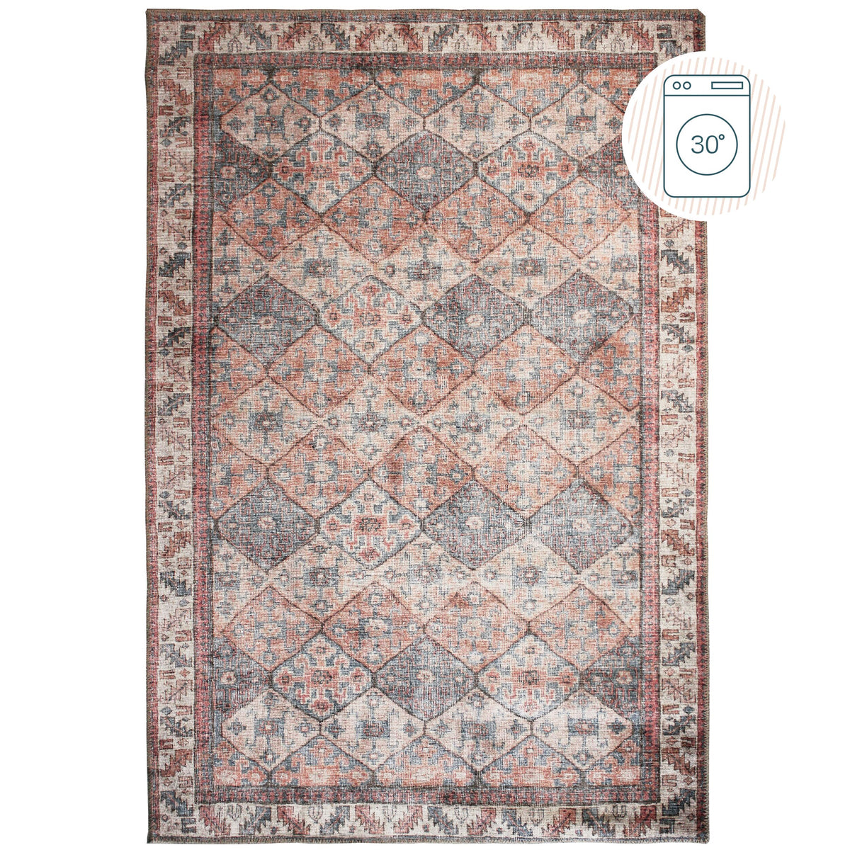 Teppich waschbar Rautenmuster Vintage Kurzflor Rot-Natur_Rechteckig_