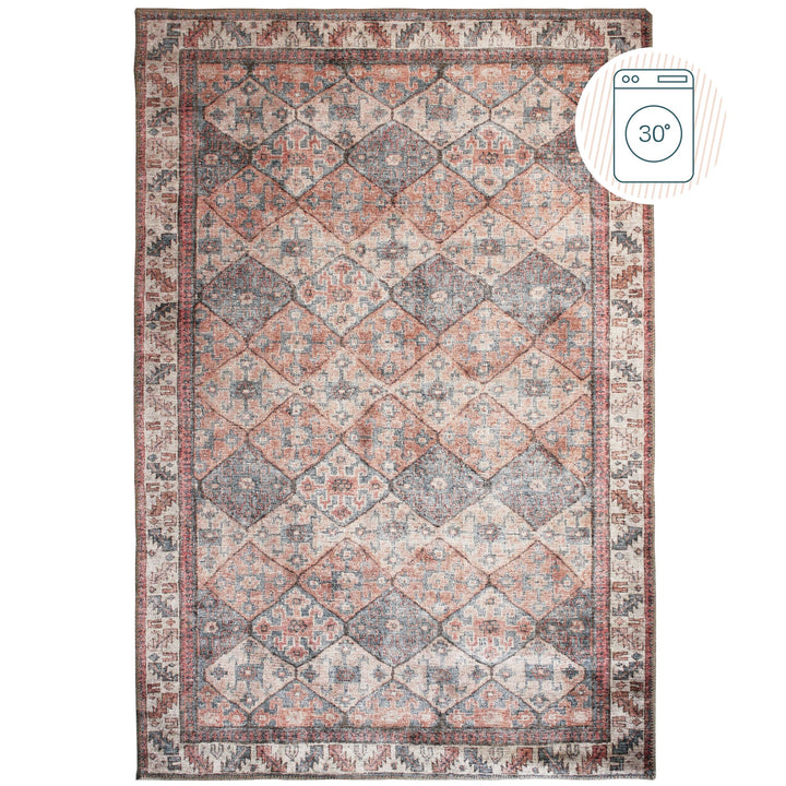Teppich waschbar Rautenmuster Vintage Kurzflor Rot-Natur_Rechteckig_