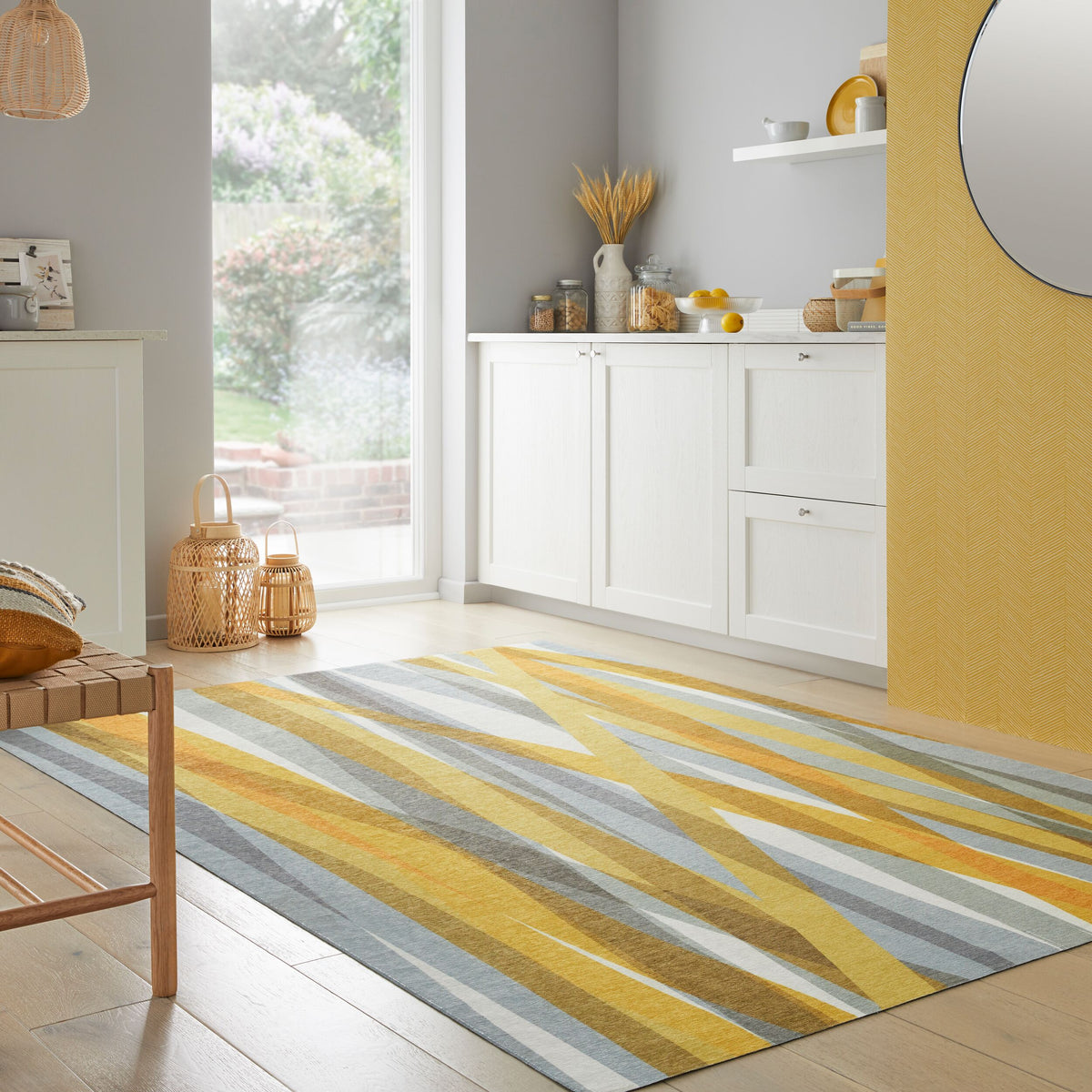 Teppich waschbar rutschfester Unterseite modernes Streifendesign Ocker-Grau Rechteckig