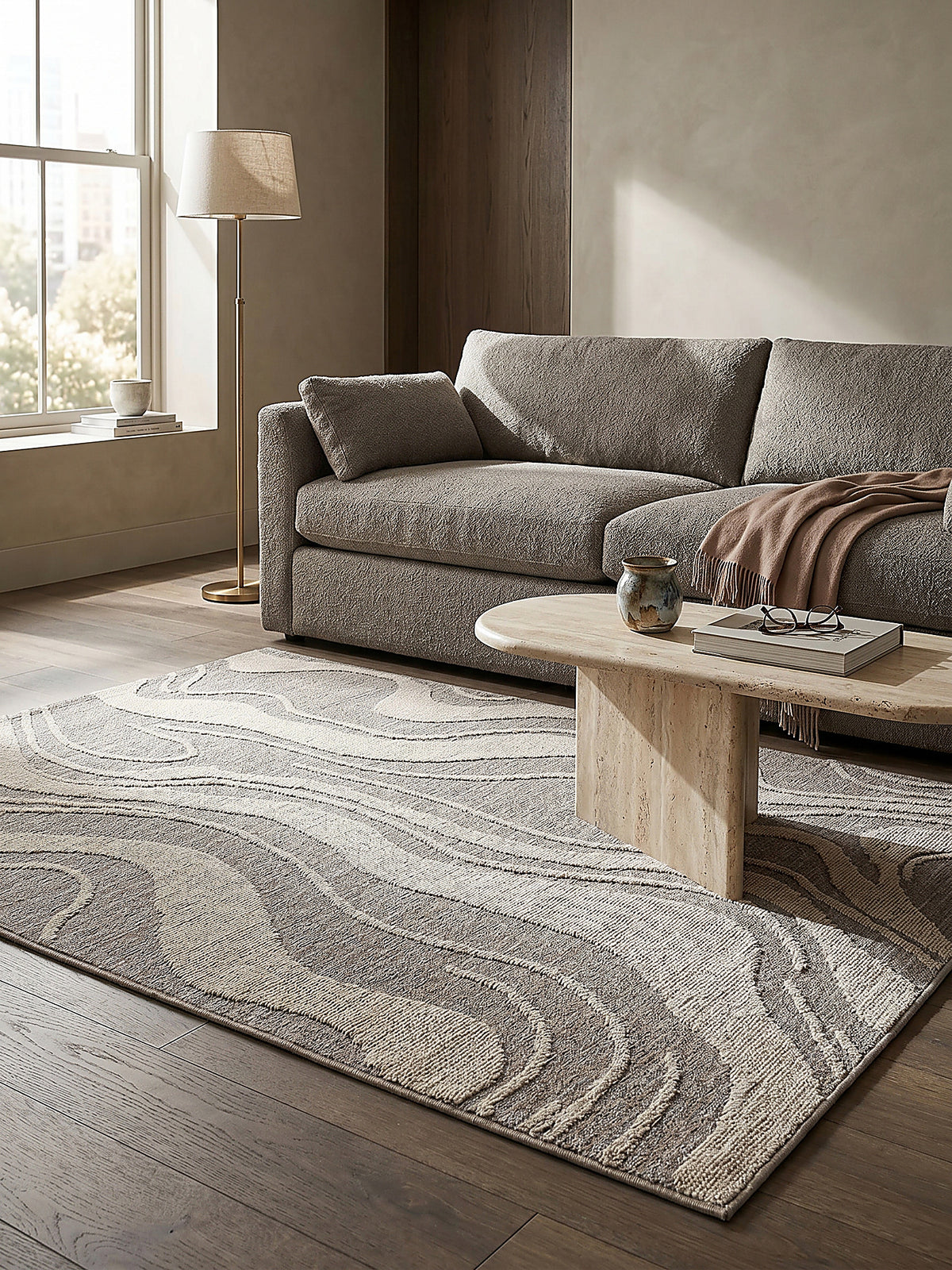 Teppich Grau rechteckig im Wohnzimmer mit Couchtisch und Wohnaccessoires Wohnidee skandinavisch modern_