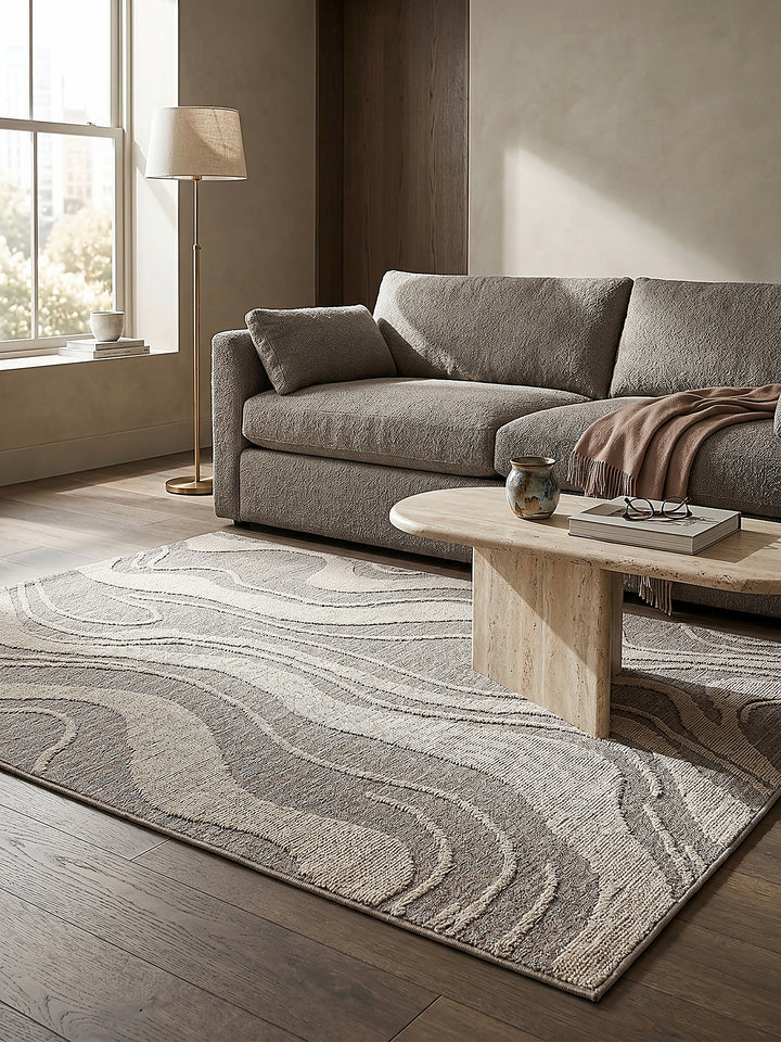 Teppich Grau rechteckig im Wohnzimmer mit Couchtisch und Wohnaccessoires Wohnidee skandinavisch modern_