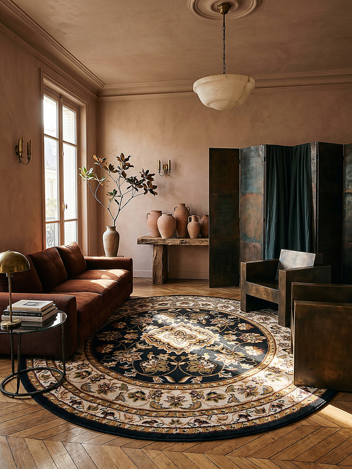 Teppich Dunkelblau rund im modernen Wohnzimmer_