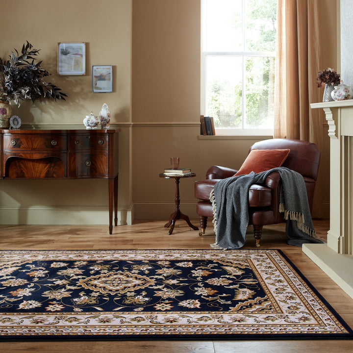 Orientteppich Bordüre floral klassischer Wohnzimmer-Teppich_Dunkelblau_Rechteckig_