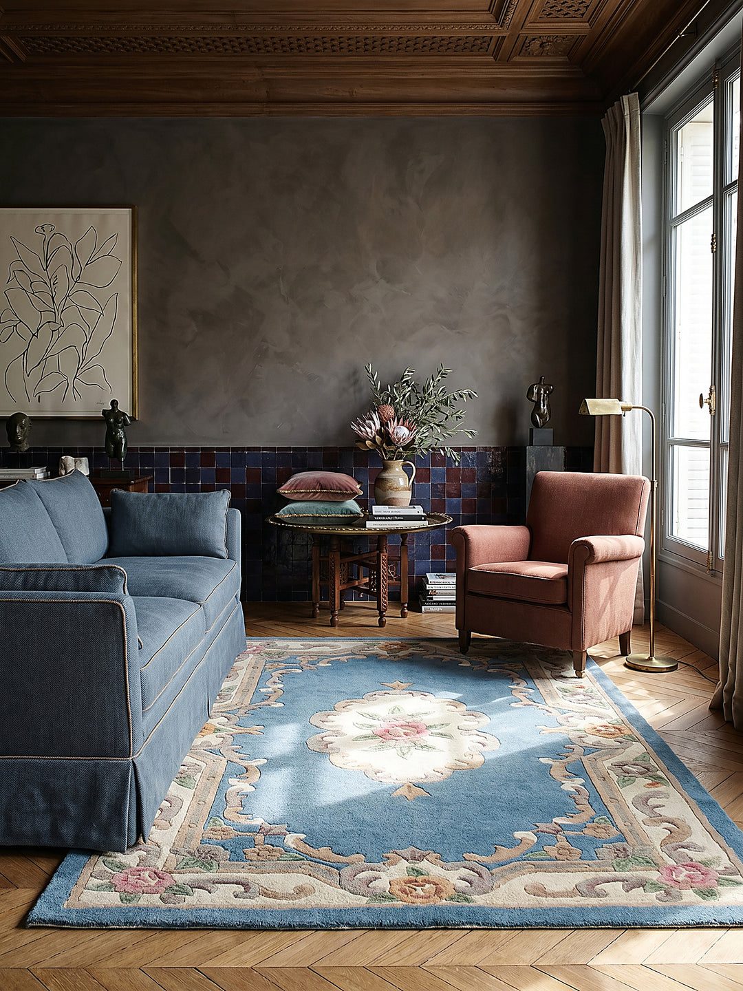 Teppich Blau-Beige rechteckig Editorial Styling_