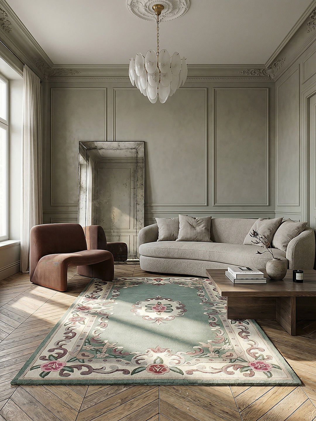 Teppich Grün-Beige rechteckig im modernen Wohnzimmer_