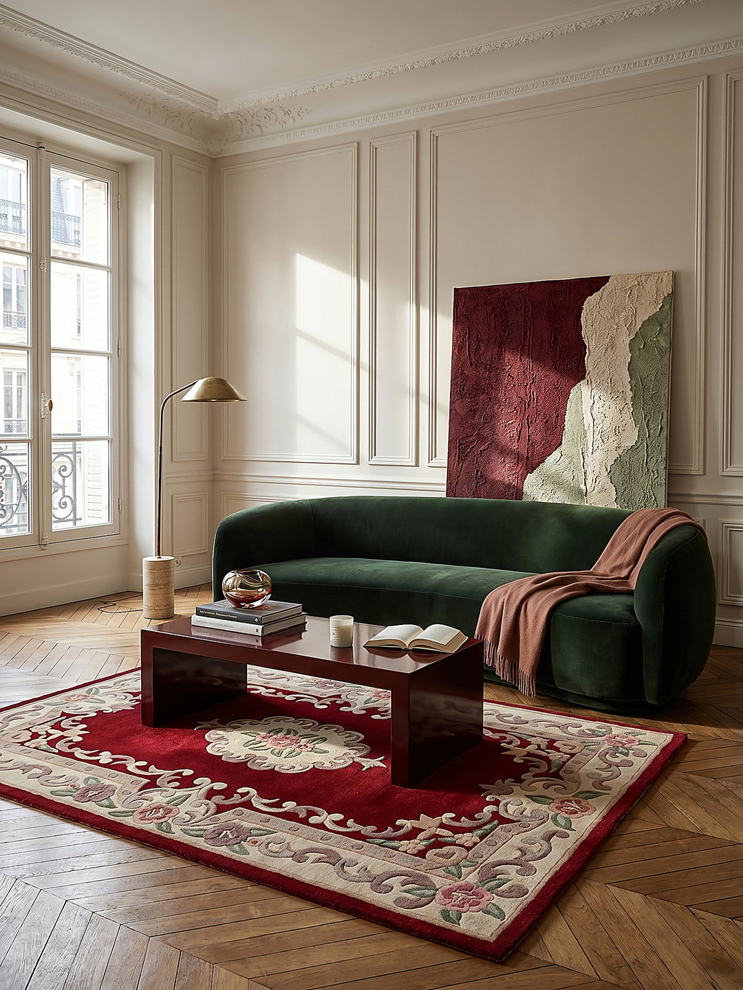 Teppich Rot-Beige rechteckig im modernen Wohnzimmer_