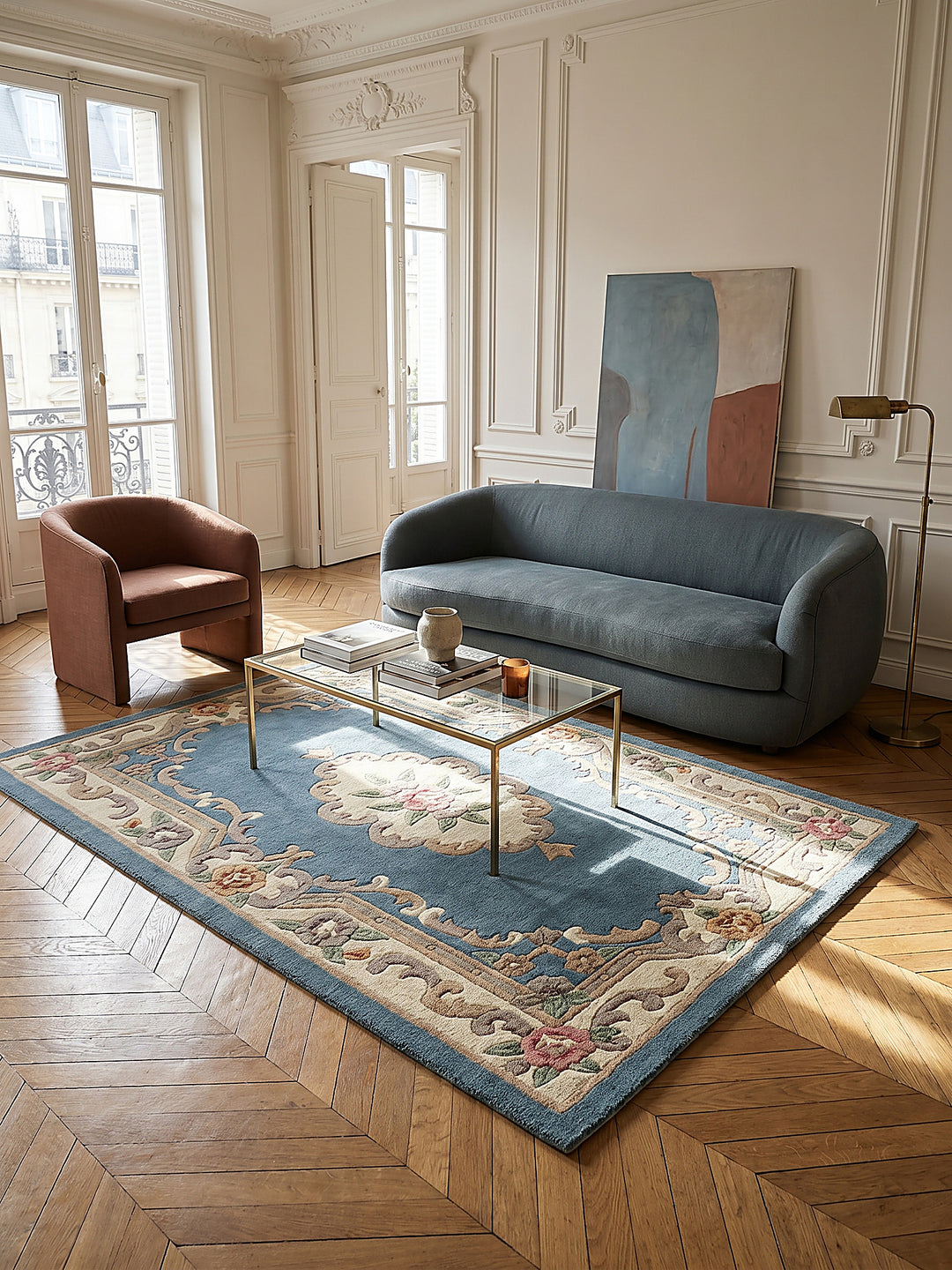 Teppich Blau-Beige rechteckig im modernen Wohnzimmer_