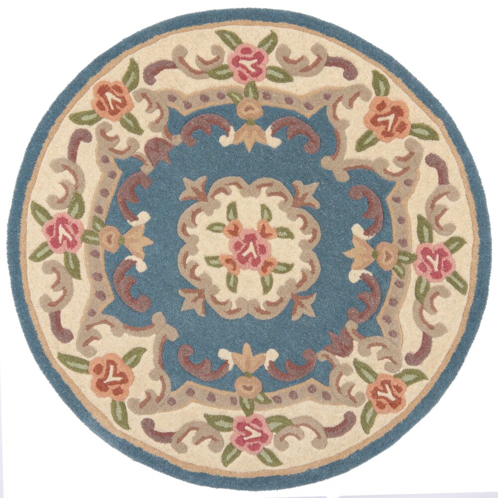 Traditioneller Wollteppich mit handgeschnitzten Details_Blau-Beige_Rund_