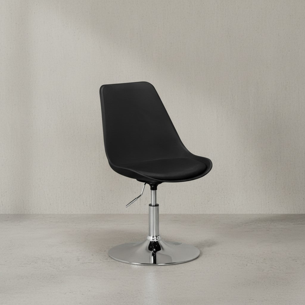 Trompetenstuhl mit Kunstlederbezug_ drehbar_ 110 kg Belastbarkeit_ chrom-finish Metallkonstruktion - KADIMA DESIGN_Farbe_ Schwarz_ Material_ Kunstleder_ Größe_ 46x46x88 cm_