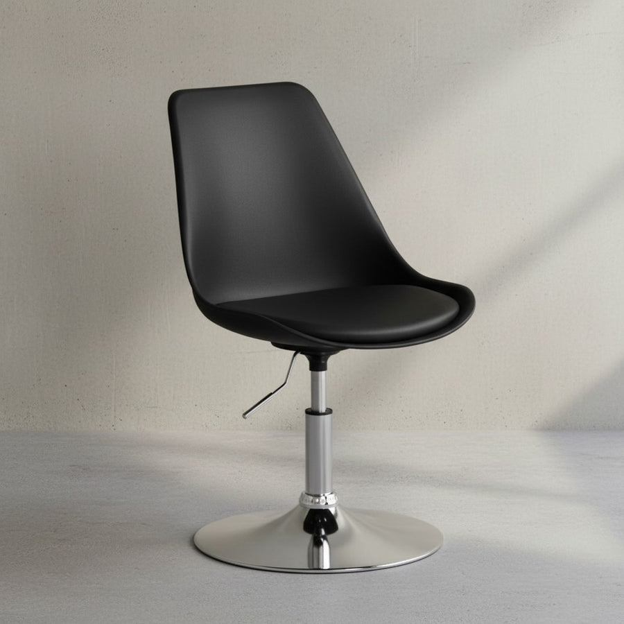 Trompetenstuhl mit Kunstlederbezug_ drehbar_ 110 kg Belastbarkeit_ chrom-finish Metallkonstruktion - KADIMA DESIGN_Farbe_ Schwarz_ Material_ Kunstleder_ Größe_ 46x46x88 cm_