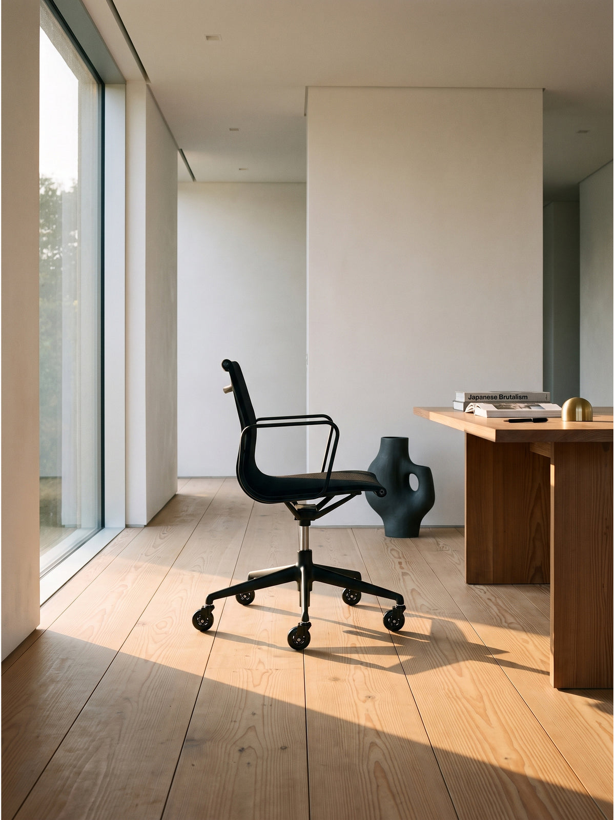 Schwarzes 5er Set Universal-Schwerlastrollen aus Kunststoff 7x3x7 cm an einem Schreibtischstuhl in einem minimalistischen Home Office auf hellem Douglasienholz