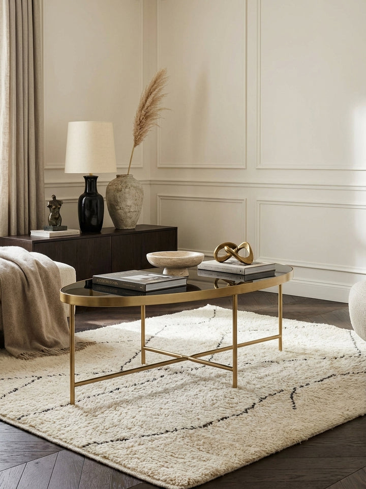 Eleganter ovaler Couchtisch mit schwarzer Glasplatte und goldenem Gestell, Mittelpunkt einer modernen Sitzgruppe in einem hellen, luxuriösen Wohnzimmer._