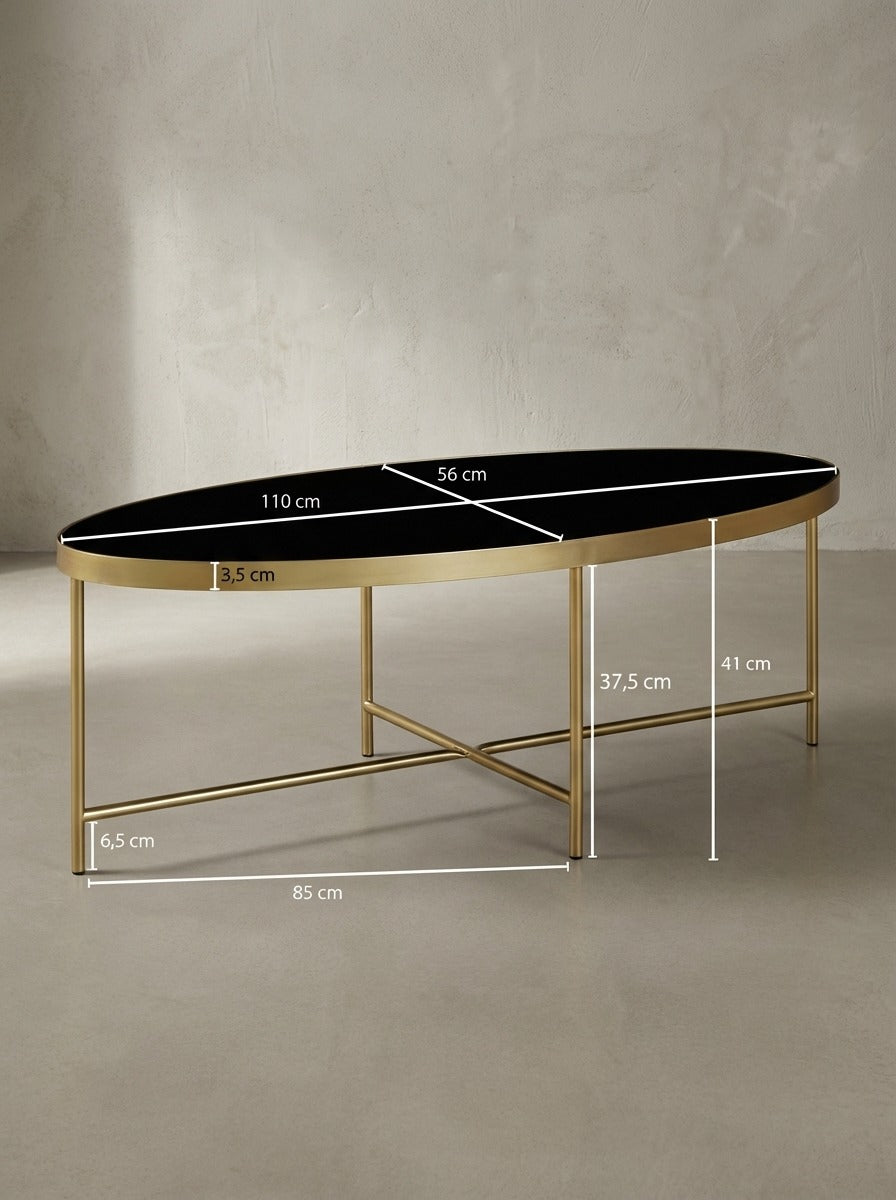 Technische Zeichnung des ovalen Couchtisches mit allen relevanten Maßen: Breite 110 cm, Tiefe 56 cm und Höhe 41 cm für die exakte Raumplanung._