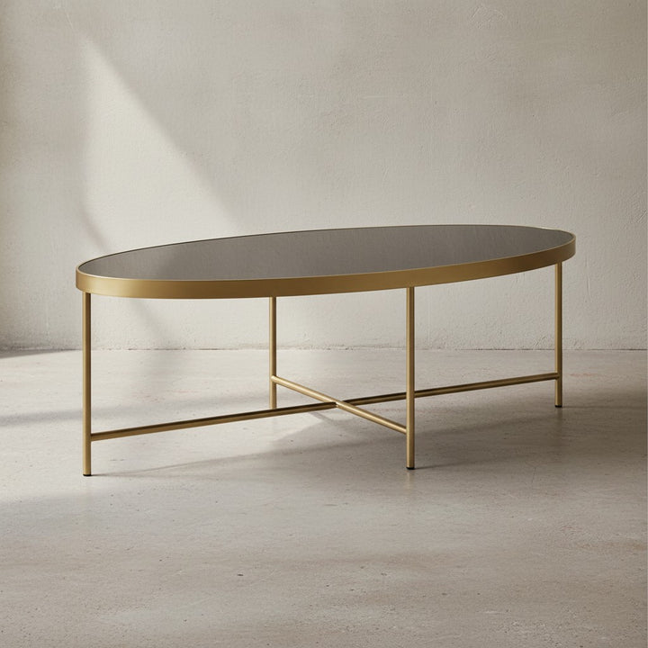 VILS Couchtisch_ oval_ Glasplatte_ filigranes Metallgestell_ Schwarz/Gold_ 110x56 cm - KADIMA DESIGN_Größe_ 110x56x40 cm_