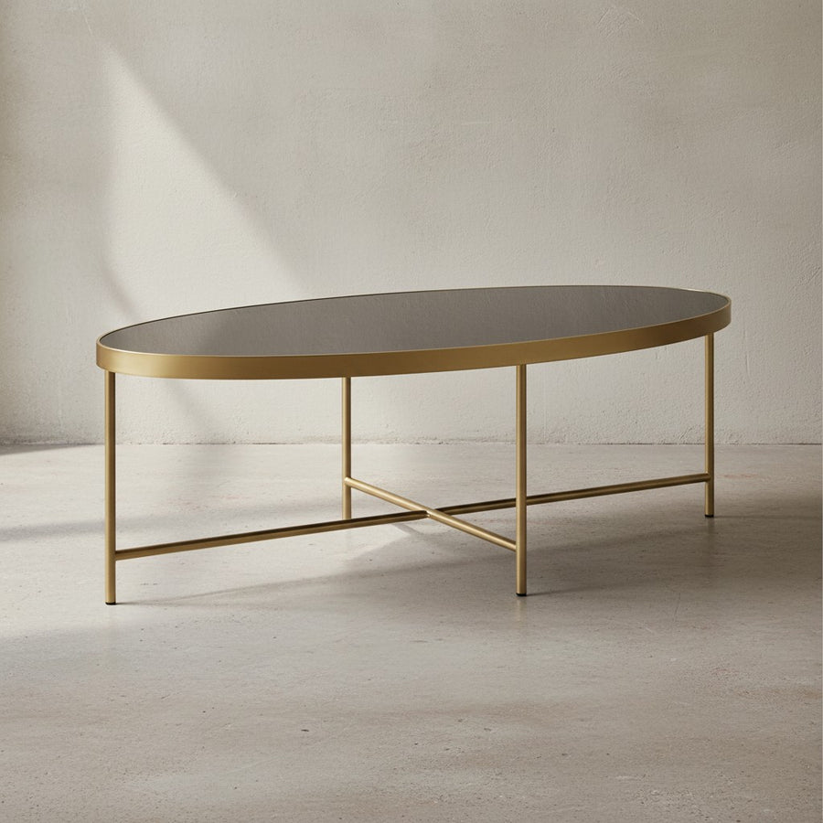 VILS Couchtisch_ oval_ Glasplatte_ filigranes Metallgestell_ Schwarz/Gold_ 110x56 cm - KADIMA DESIGN_Größe_ 110x56x40 cm_