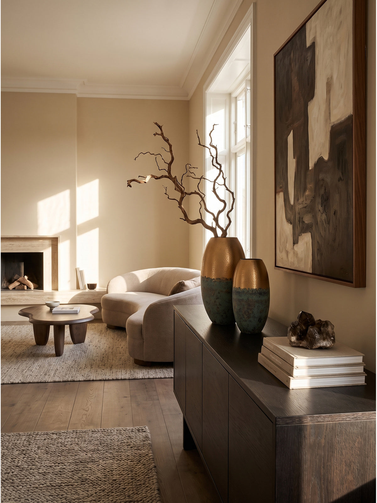 Das zweiteilige Set Aluminium-Dekovasen in Gold und patiniertem Türkis auf einem dunklen Eichen-Sideboard im stilvollen Wohnzimmer neben abstrakter Kunst._