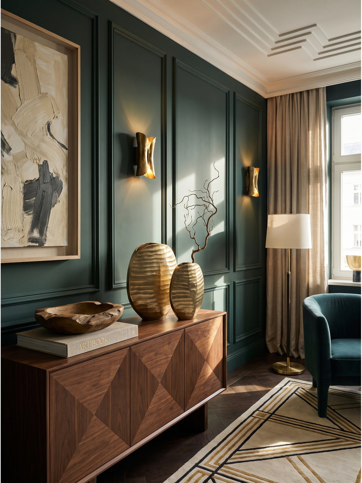 Zwei goldene Aluminiumvasen mit Wellenmuster als luxuriöses Dekovasen-Set auf einem dunklen Walnuss-Sideboard vor einer tiefgrünen Wand.