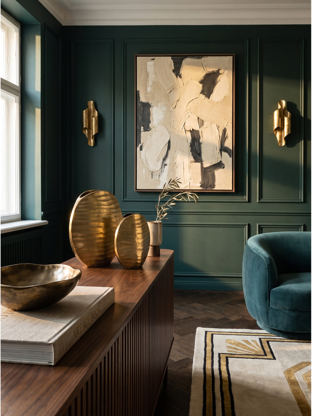 Das moderne 2er Set goldener Metallvasen elegant arrangiert neben einer bronzenen Schale auf einem Sideboard im Flur.
