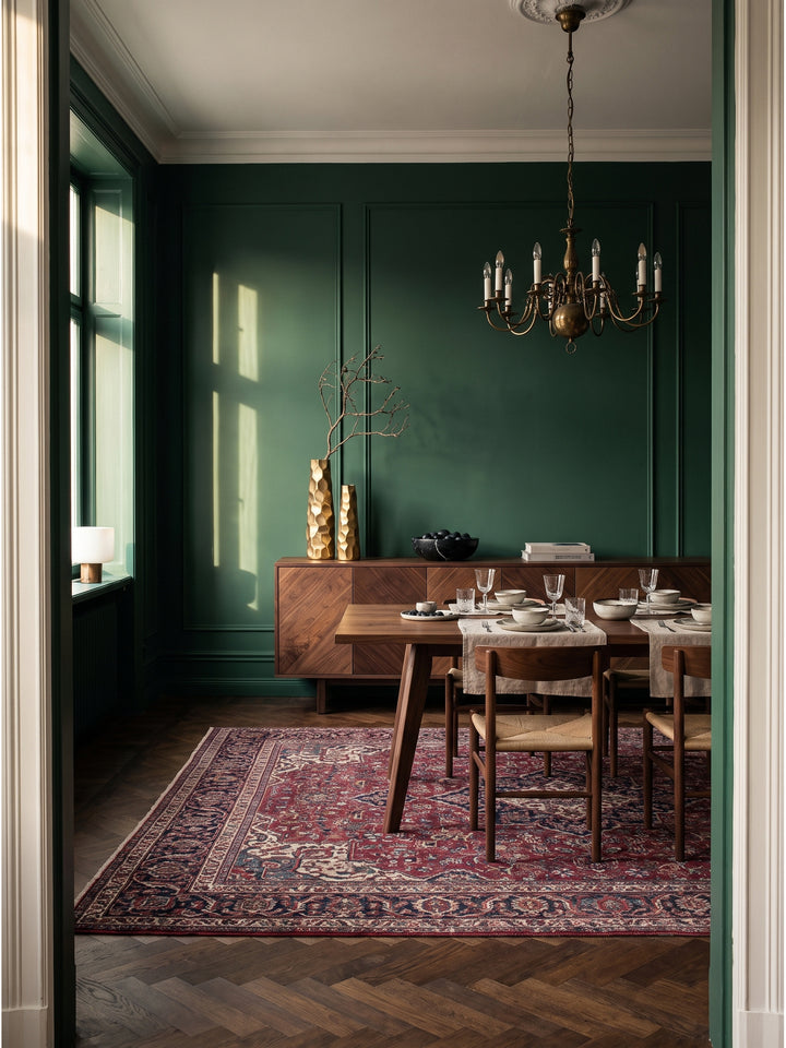 Zwei goldene Dekovasen aus Aluminium mit Hammerschlag-Design auf einer Nussbaum-Anrichte vor einer tiefgrünen Wand im Wohnzimmer_