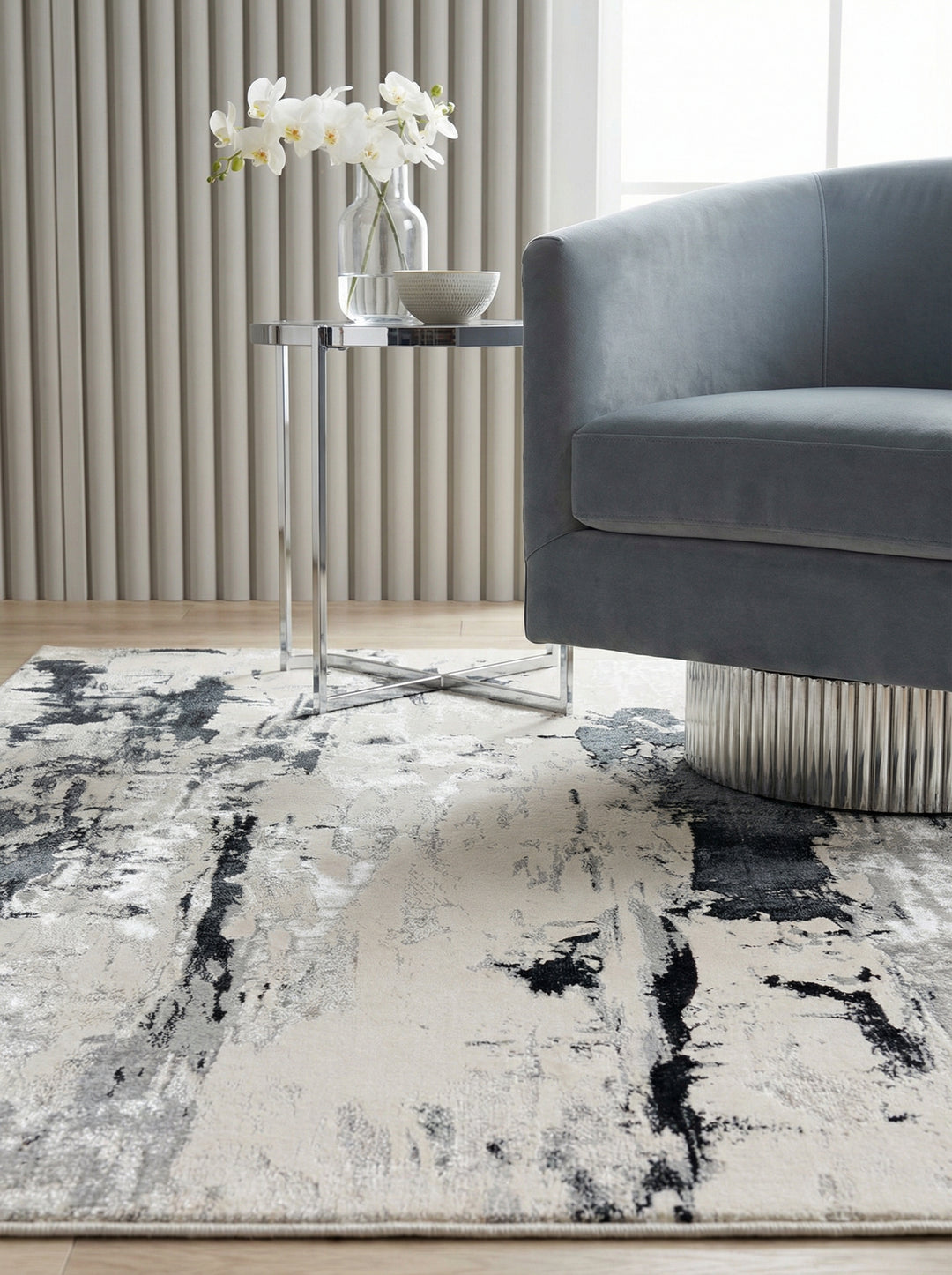 Velours-Kurzflor Teppich mit Metallic-Akzenten_Gletschermuster in Silber Grau Anthrazit_Luxuriös und Pflegeleicht - COMO-Tremezzo Kadima Design_