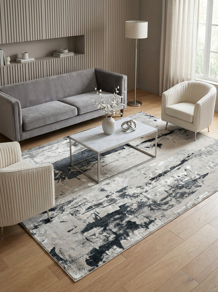 Velours-Kurzflor Teppich mit Metallic-Akzenten_Gletschermuster in Silber Grau Anthrazit_Luxuriös und Pflegeleicht - COMO-Tremezzo Kadima Design_