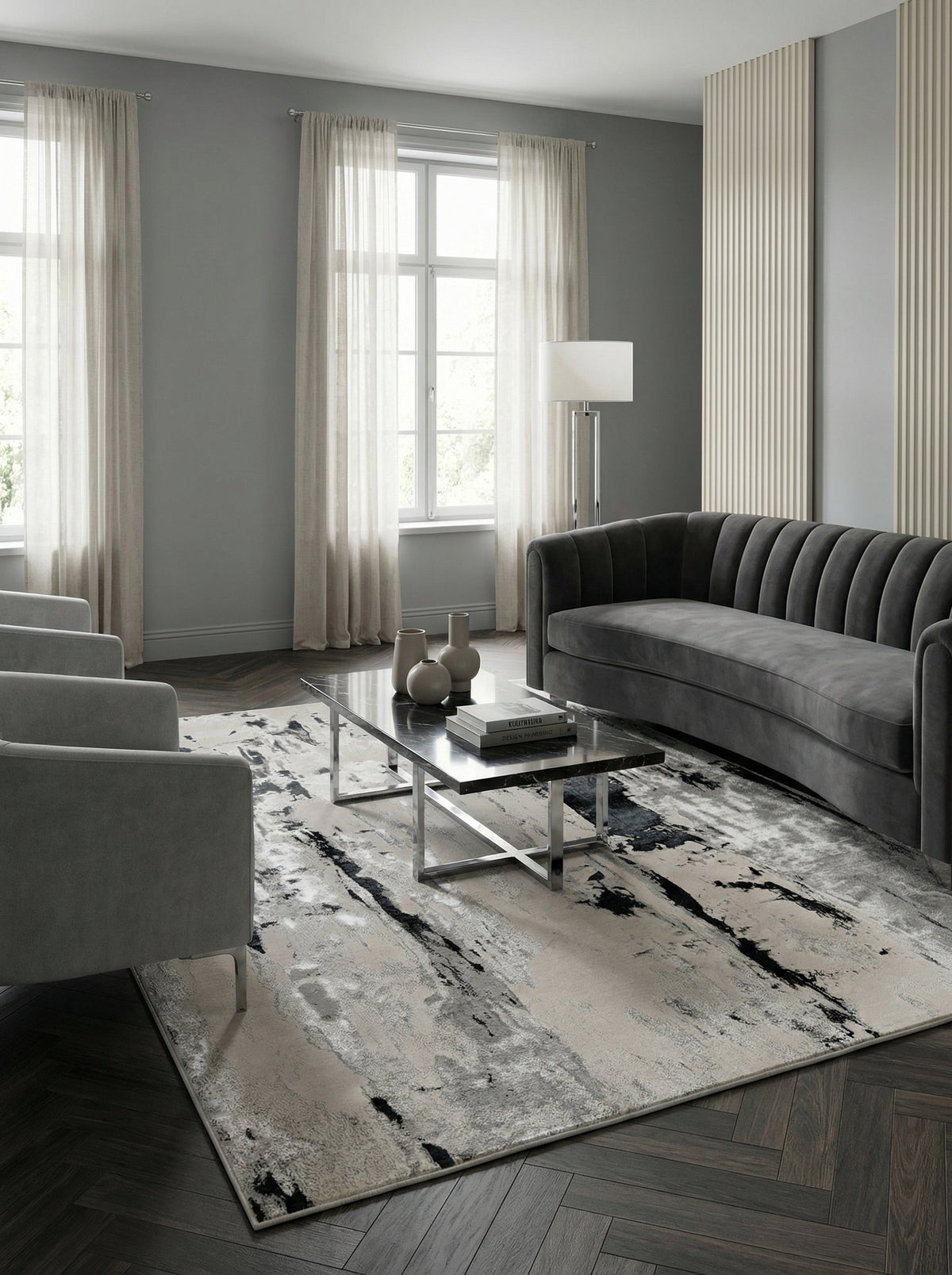 Velours-Kurzflor Teppich mit Metallic-Akzenten Gletschermuster in Silber Grau Anthrazit Luxuriös und Pflegeleicht - COMO-Tremezzo Kadima Design