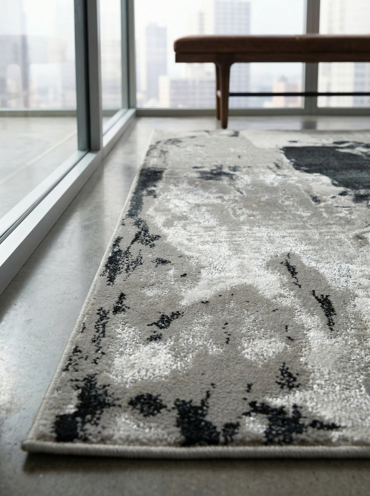 Velours-Kurzflor Teppich mit Metallic-Akzenten_Gletschermuster in Silber Grau Anthrazit_Luxuriös und Pflegeleicht - COMO-Tremezzo Kadima Design_