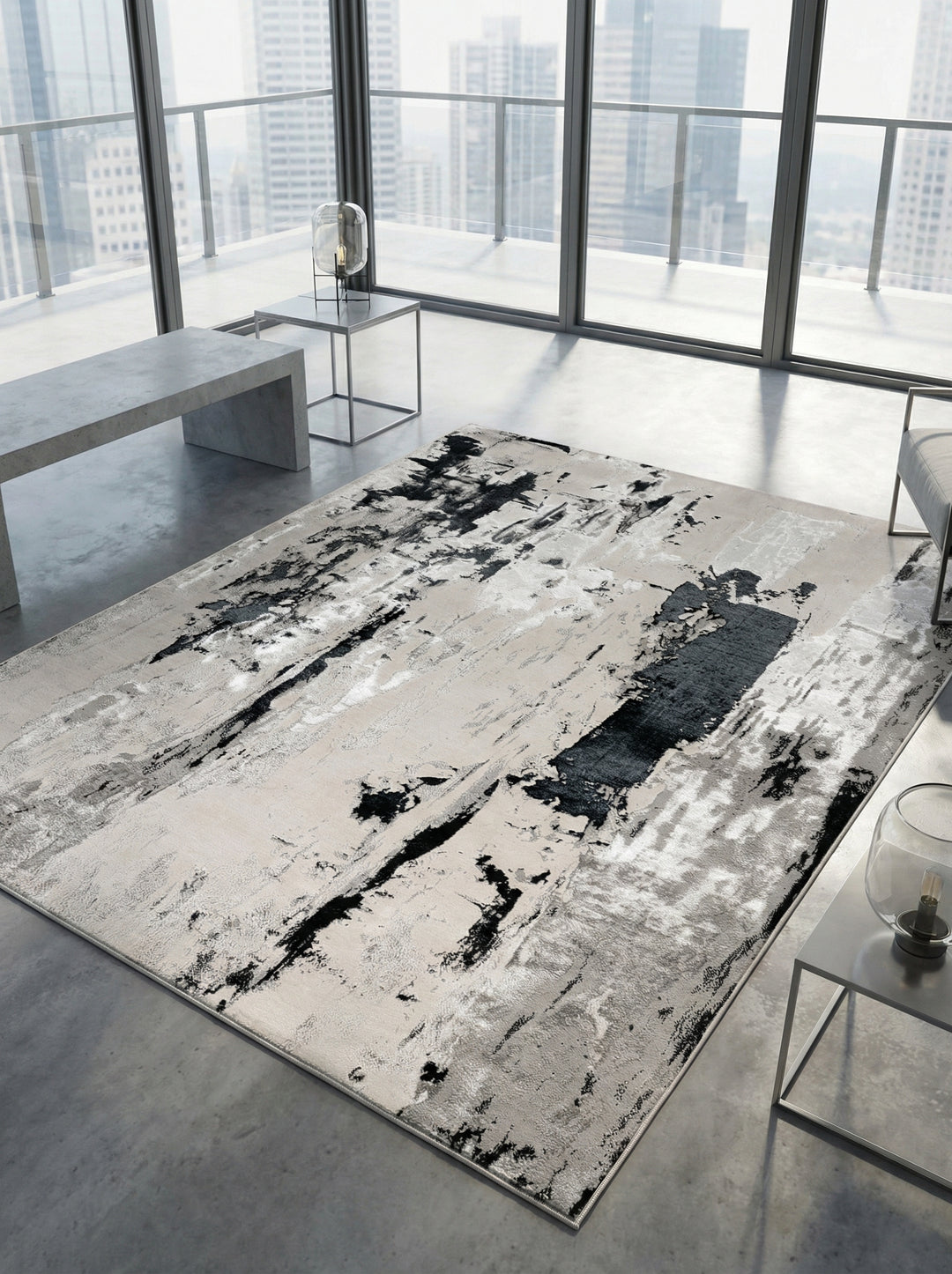 Velours-Kurzflor Teppich mit Metallic-Akzenten_Gletschermuster in Silber Grau Anthrazit_Luxuriös und Pflegeleicht - COMO-Tremezzo Kadima Design_