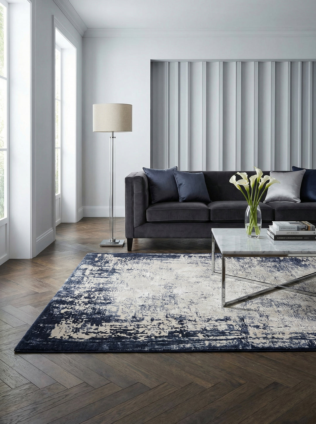 Velours-Teppich mit Abstrakt-Bordüren-Design_Dunkelblau_Kunstfasermischung_Pflegeleicht Strapazierfähig - TIBER-Rieti_