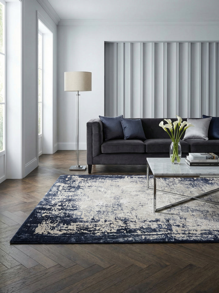 Velours-Teppich mit Abstrakt-Bordüren-Design_Dunkelblau_Kunstfasermischung_Pflegeleicht Strapazierfähig - TIBER-Rieti_