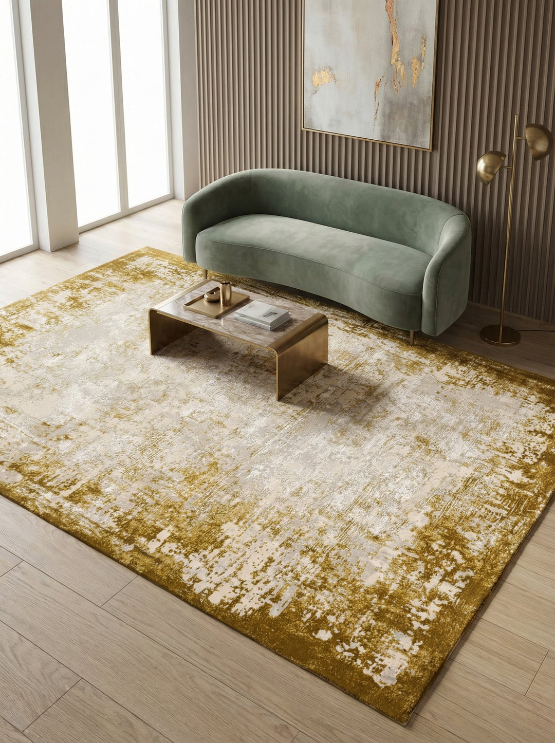 Velours-Teppich mit Abstrakt-Bordüren-Design_Senfgelb_Kunstfasermischung_Pflegeleicht Strapazierfähig - TIBER-Rieti - Kadima Design_