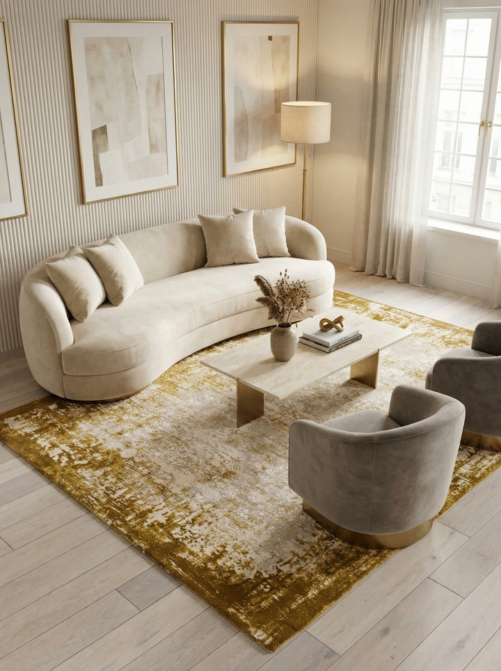 Velours-Teppich mit Abstrakt-Bordüren-Design_Senfgelb_Kunstfasermischung_Pflegeleicht Strapazierfähig - TIBER-Rieti - Kadima Design_