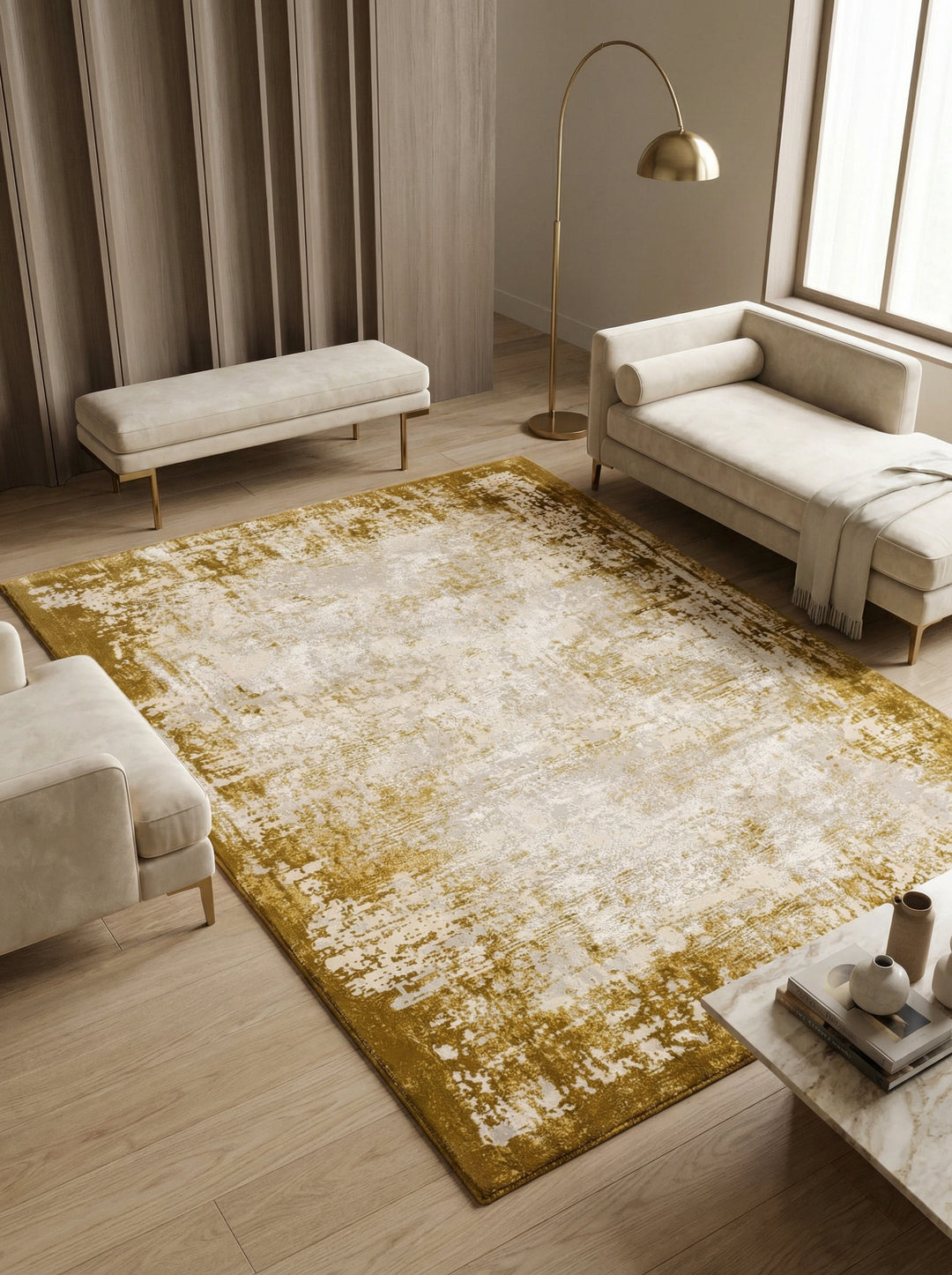 Velours-Teppich mit Abstrakt-Bordüren-Design_Senfgelb_Kunstfasermischung_Pflegeleicht Strapazierfähig - TIBER-Rieti - Kadima Design_