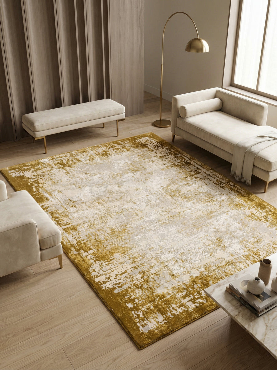 Velours-Teppich mit Abstrakt-Bordüren-Design_Senfgelb_Kunstfasermischung_Pflegeleicht Strapazierfähig - TIBER-Rieti - Kadima Design_