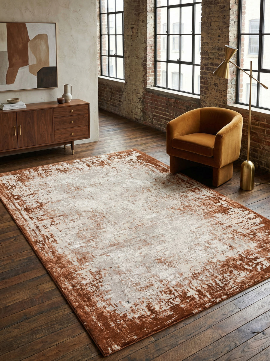 Velours-Teppich mit Abstrakt-Bordüren-Design_Terrakotta_Kunstfasermischung_Pflegeleicht Strapazierfähig - TIBER-Rieti - Kadima Design_