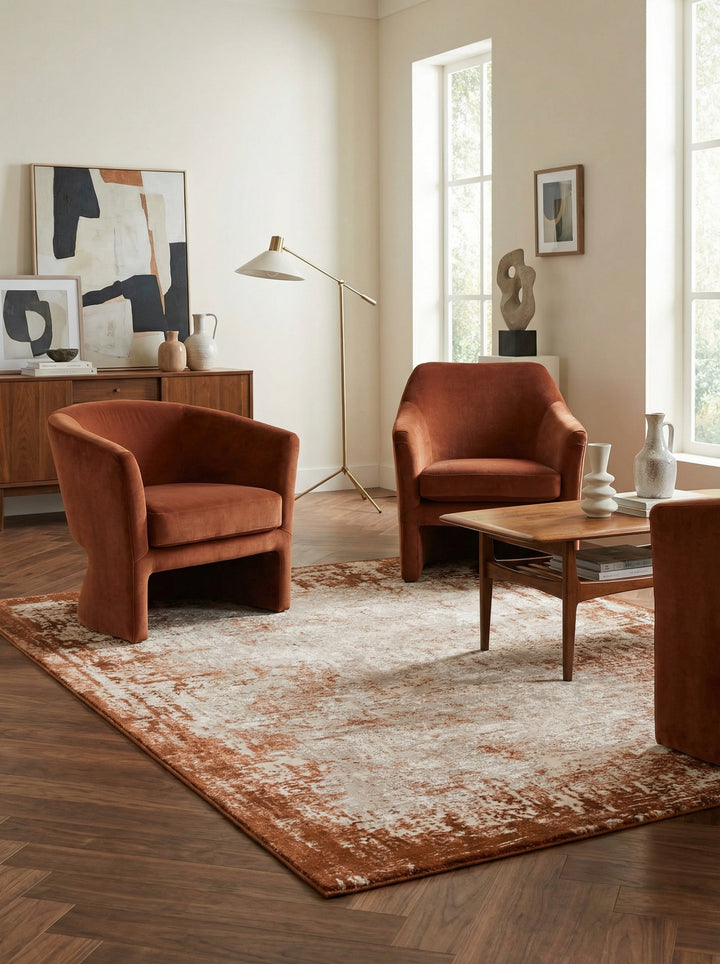 Velours-Teppich mit Abstrakt-Bordüren-Design_Terrakotta_Kunstfasermischung_Pflegeleicht Strapazierfähig - TIBER-Rieti - Kadima Design_