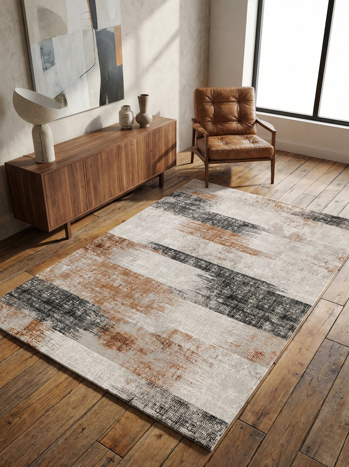 Velours-Teppich mit Abstraktes Geometriemuster_Terrakotta_Pflegeleicht_Rutschfest - TIBER-Orte_