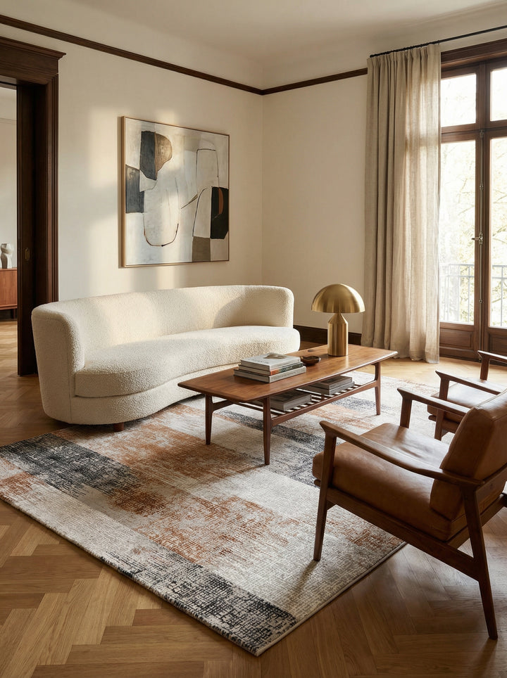 Velours-Teppich mit Abstraktes Geometriemuster_Terrakotta_Pflegeleicht_Rutschfest - TIBER-Orte_