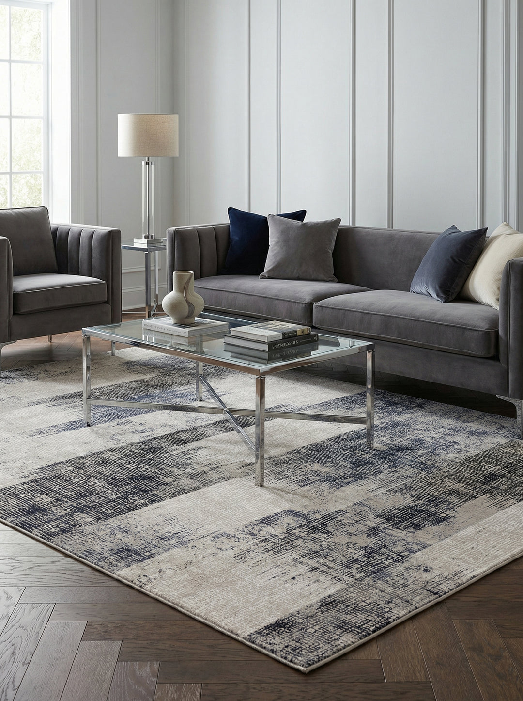 Velours-Teppich mit Abstraktes Geometriemuster_Dunkelblau_Pflegeleicht &amp; Rutschfest - TIBER-Orte_