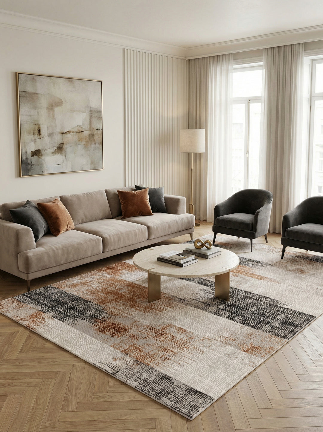 Velours-Teppich mit Abstraktes Geometriemuster_Terrakotta_Pflegeleicht_Rutschfest - TIBER-Orte_