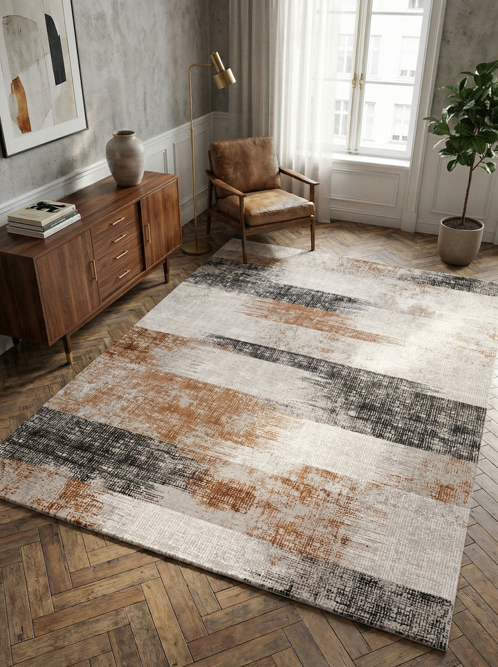 Velours-Teppich mit Abstraktes Geometriemuster_Terrakotta_Pflegeleicht_Rutschfest - TIBER-Orte_