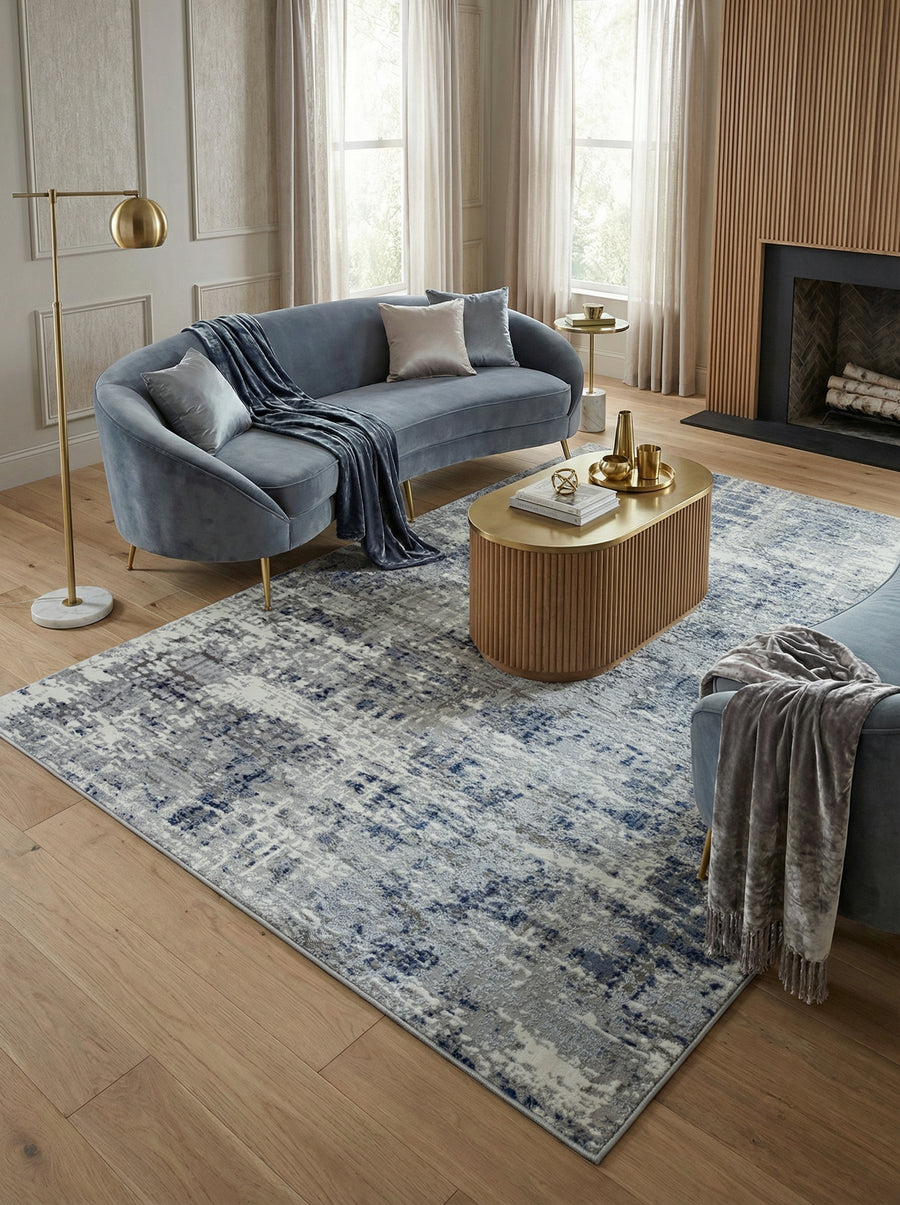 Velours-Teppich mit Metallic-Akzenten_Abstraktes Muster in Dunkelblau_Silbergrau_Luxuriös &amp; Pflegeleicht_PARMA-Sorbolo_