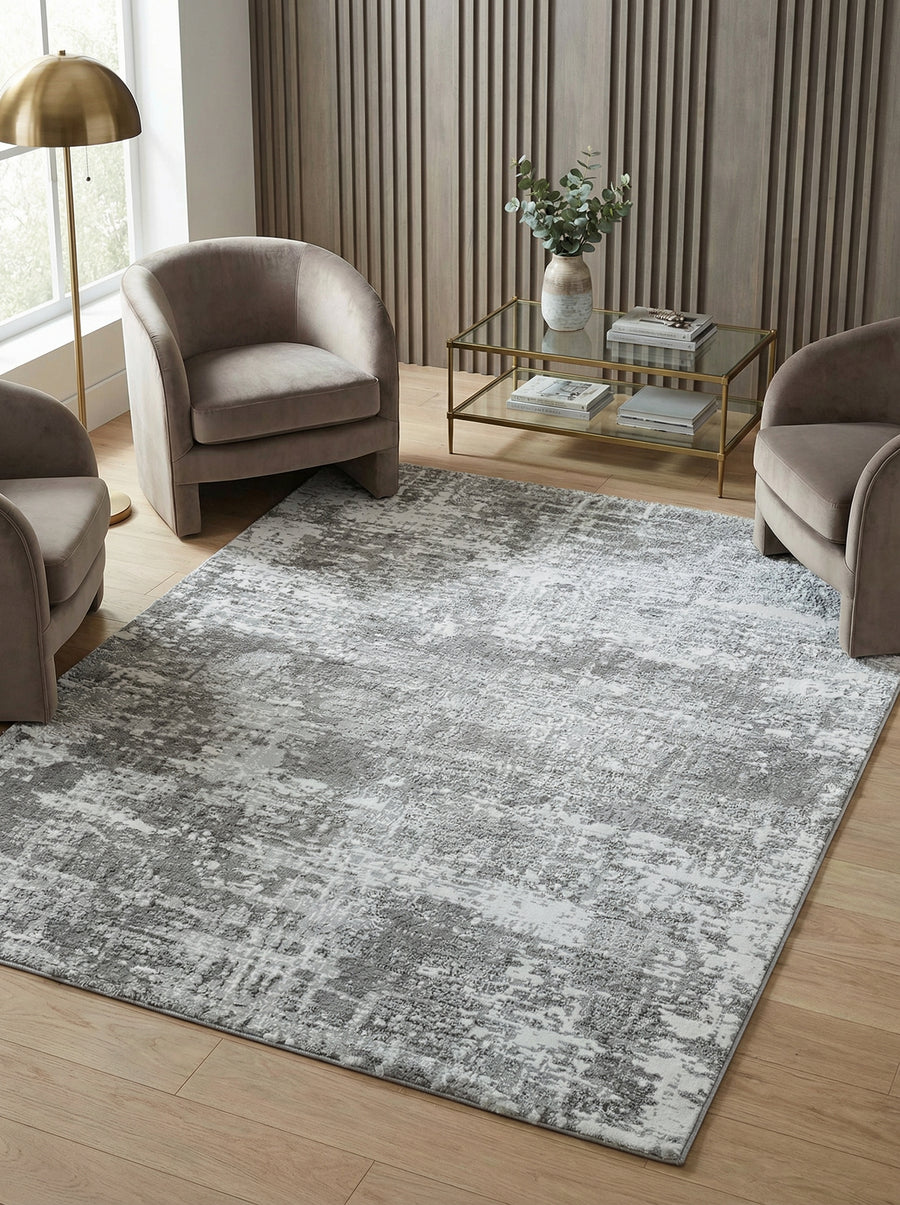 Silbergrauer Veloursteppich - abstraktes Metallicmuster - pflegeleichter Kurzflor_Kadima Design_