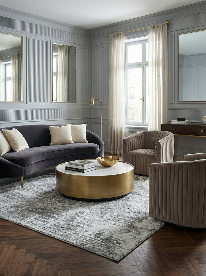 Silbergrauer Veloursteppich - abstraktes Metallicmuster - pflegeleichter Kurzflor_Kadima Design_