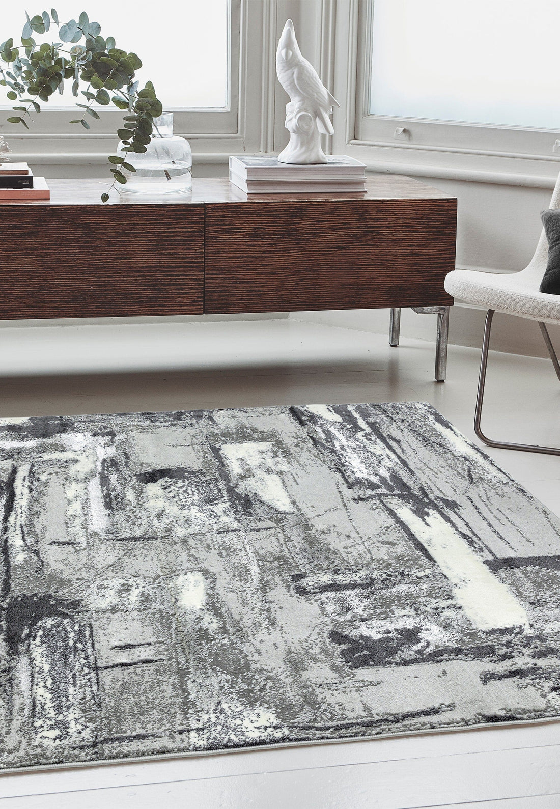 Moderner Teppich 120x170cm - Flordichte 2100g/qm - abstrakte Grau-Silber Optik - komfortabel für Barfußlaufen - Kadima Design