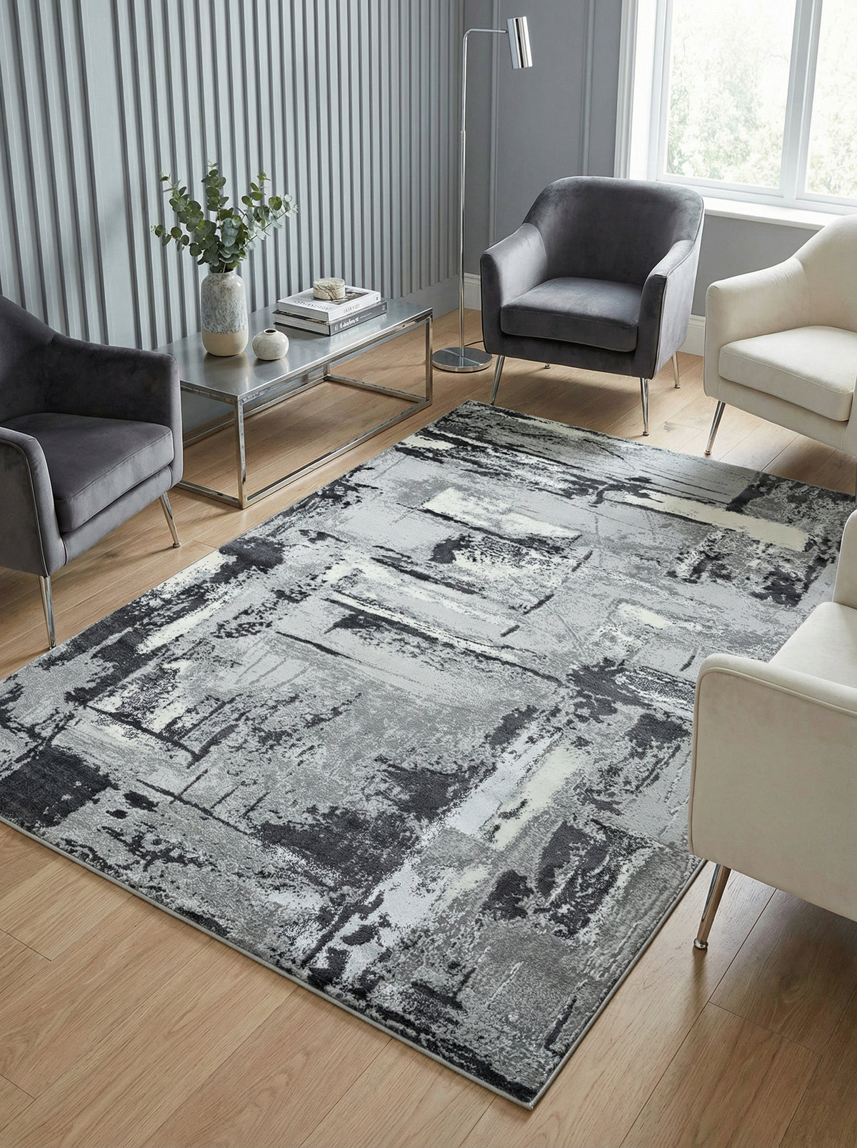 Velours-Teppich mit Metallic-Akzenten Abstraktes Stadtmuster in Grautönen Pflegeleicht & Wohnkomfort-Erhöhend - PARMA-Felino