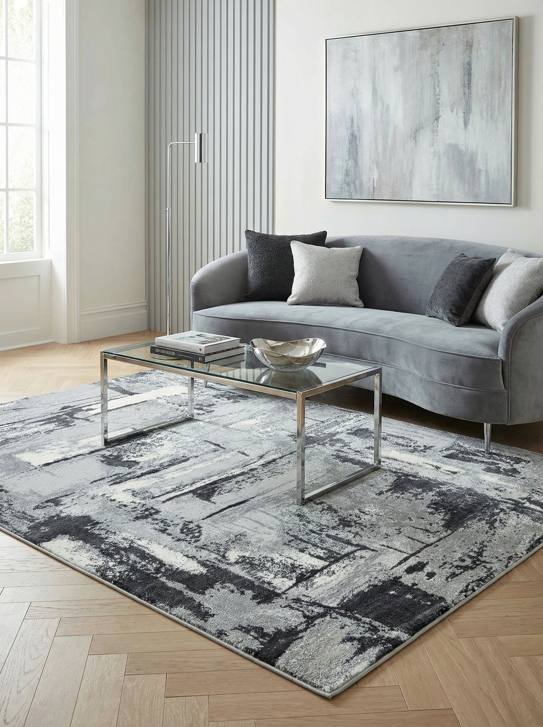 Velours-Teppich mit Metallic-Akzenten_Abstraktes Stadtmuster in Grautönen_Pflegeleicht &amp; Wohnkomfort-Erhöhend - PARMA-Felino_