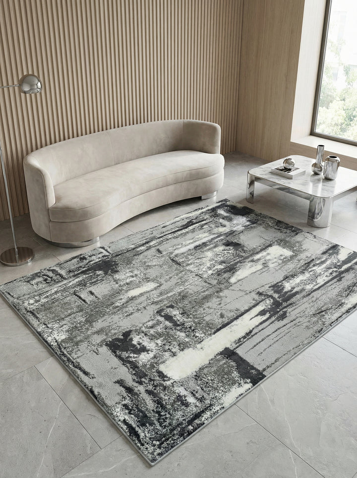 Velours-Teppich mit Metallic-Akzenten_Abstraktes Stadtmuster in Grautönen_Pflegeleicht &amp;amp; Wohnkomfort-Erhöhend - PARMA-Felino_