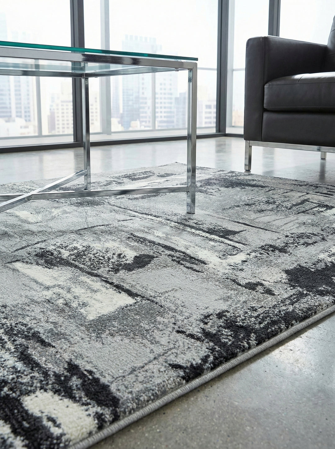 Velours-Teppich mit Metallic-Akzenten_Abstraktes Stadtmuster in Grautönen_Pflegeleicht &amp; Wohnkomfort-Erhöhend - PARMA-Felino_